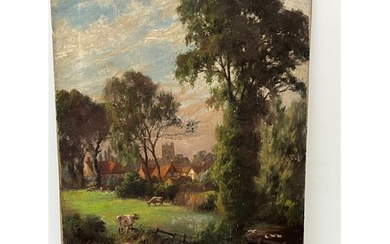 Unframed C19th oil on canvas of a English rural landscape s...