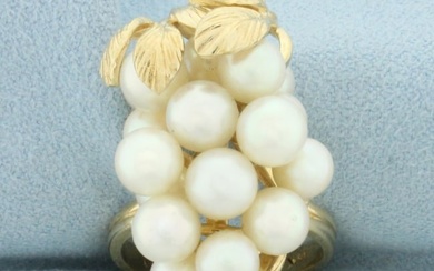 Unique Cultured Akoya Pearl Bunch of Grapes Ring in 14k Yellow Gold
