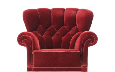 Upholstered armchair covered with burgundy wool fabric, mid 20th century