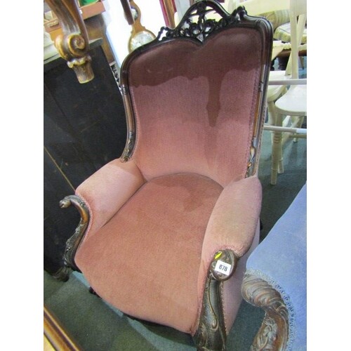 VICTORIAN CARVED MAHOGANY FRAMED LADIES ARMCHAIR with pierce...