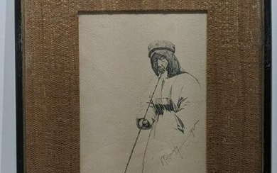 Victor Podgourski Pencil Drawing Chinese Man with Pipe