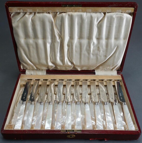 Victorian Sterling Silver Mother-of-Pearl Handled Knives and Forks (encased set of 24), James Willis Dixon, London, 1896, 33.4 gross oz