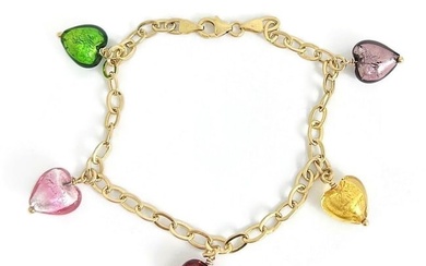 Vintage Italian Multicolored Heart Charm Bracelet 14K Yellow Gold, 6.64 Gr