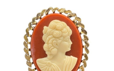 Vintage Red & White Cameo Brooch Depicting A Silhouette Of A Victorian Beauty