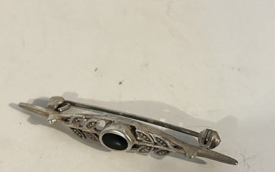 Vintage Sterling Silver onyx marcasite brooch