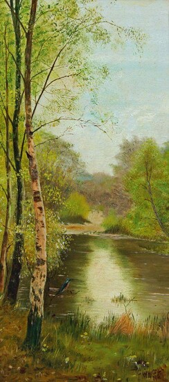 W Howard, British, early 20th century- A Woodland stream; oil on paper, signed and dated 1907, 46 x 21 cm