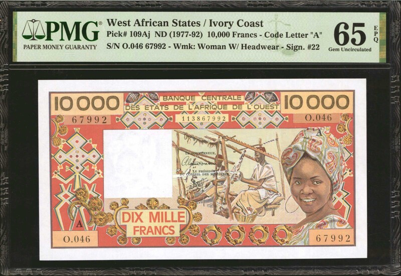 WEST AFRICAN STATES. Banque Centrale des Etats de l'Afrique de l'Ouest. 10,000 Francs, ND (1977-92). P-109Aj. PMG Gem Uncirculated 65 EPQ.