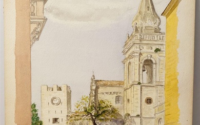 Watercolor of vintage European town