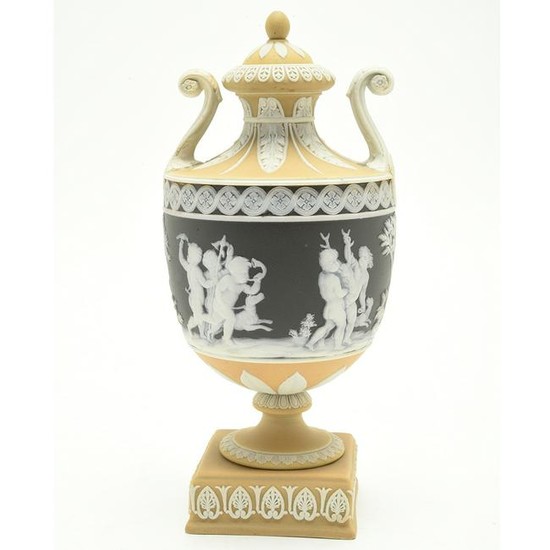 Wedgwood Pottery Three Color Jasper Dip Covered Urn.