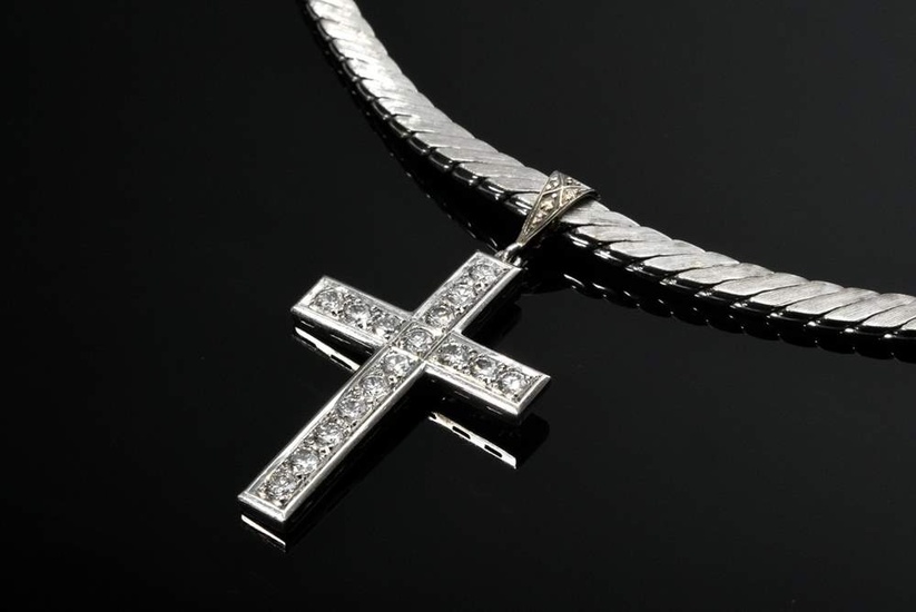 Wide satin white gold 585 necklace (42g, l. 42,3cm) with brilliant cut diamond "cross" pendant clip (add. ca. 1.12ct/VVS/TW-W, 4,8g, 3,2x2,2cm)
