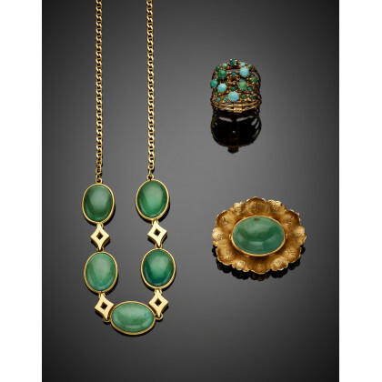 Yellow 18K gold and turquoise lot comprising a cm 45 circa necklace and a cm 3.70 chiseled brooch also with…Read more