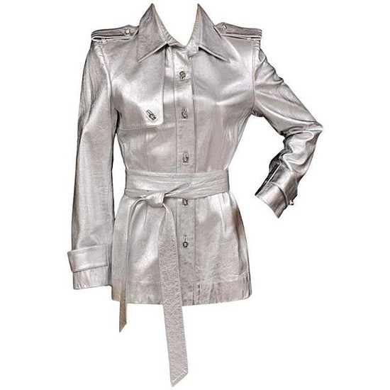 Zang Toi Silver Leather Jacket Trench Coat With Crystal