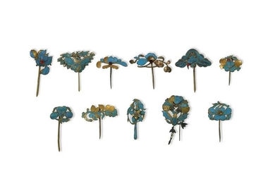 11 Chinese Kingfisher Feather Hairpins, 19th Century
