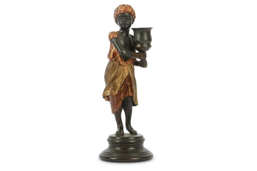 A late 20th Century Orientalist cold painted bronze candle...