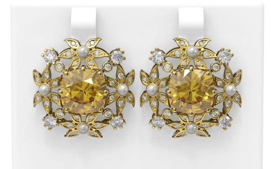 13.63 ctw Citrine & Diamond with Pearl Earrings 18K Yellow Gold