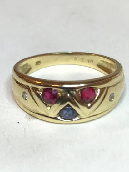 14 kt. Gold - Ring - 0.39 ct Ruby and blue sapphire 3 x 3 mm - Diamond