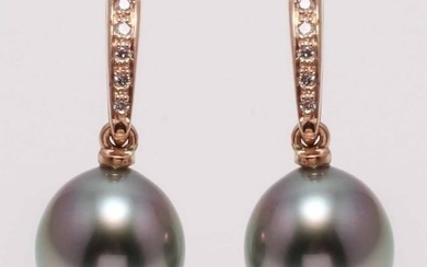14 kt. Rose Gold - 9x10mm Peacock Tahitian Pearl Drops - Earrings - 0.08 ct