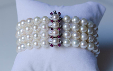 14 kt. gold - Bracelet with Ø 7-7.5 mm Akoya pearls and rubies 0.50 ct