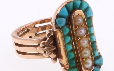 14k Rose Gold Vintage Turquoise & Pearl Ring 5.0g