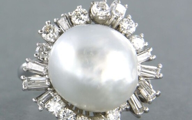 18 kt. Freshwater pearl, White gold, 1.3 cm - Ring - 1.00 ct Diamond