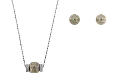 18 kt. White gold - Earrings, Necklace with pendant, Set Tahiti Pearl - Diamonds