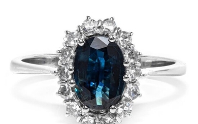 18 kt. White gold - Ring - 1.00 ct Sapphire - 0.28 ct Diamonds - No Reserve Price