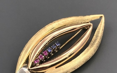 18 kt. White gold, Yellow gold - Brooch - Amethysts, Sapphires