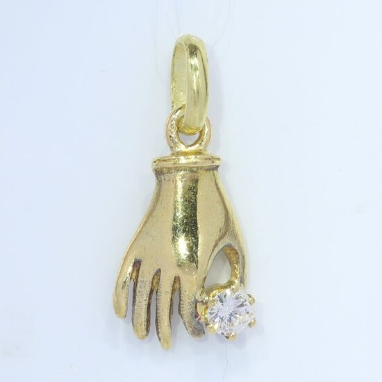 18 kt. Yellow gold - Pendant, Hand holding a real brilliant cut diamond, Vintage, Anno 1970 - 0.12 ct Diamond - Natural (untreated), NO RESERVE PRICE