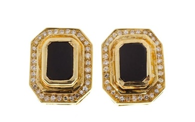 18K Yellow Gold With Black Onyx & Diamond Clip Post Earrings