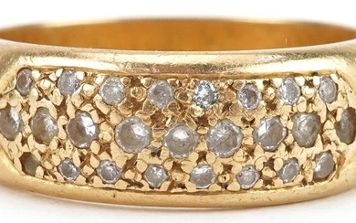 18ct gold pave set diamond three row cluster ring, size N, 8...