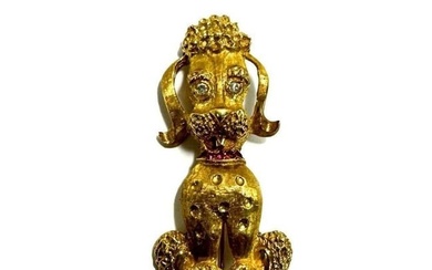 18k Yellow Gold Diamond and Ruby Poodle Dog Pin Brooch