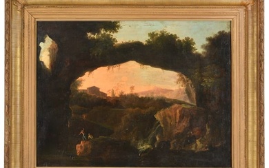 18th/19th century large old master Italian natural bridge grotto scene painting with figures. Oil on