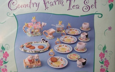 1994 Country Farm Children's Ceramic Tea Set, 22 Pieces Hand Painted Mercuries