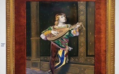 19th C. Signed French Enameled Porcelain Plaque Of Guy Playing Medieval Lute