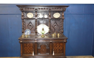 19th C. carved oak dresser with two inlaid doors {H 180cm x ...