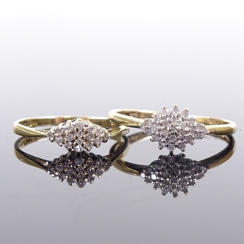 2 9ct gold diamond cluster lozenge dress rings, largest tota...
