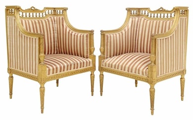 (2) FRENCH LOUIS XVI STYLE SILK-UPHOLSTERED BERGERES