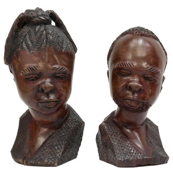 (2) LARGE AFRICAN CARVED WOOD BUSTS, MAN & WOMAN