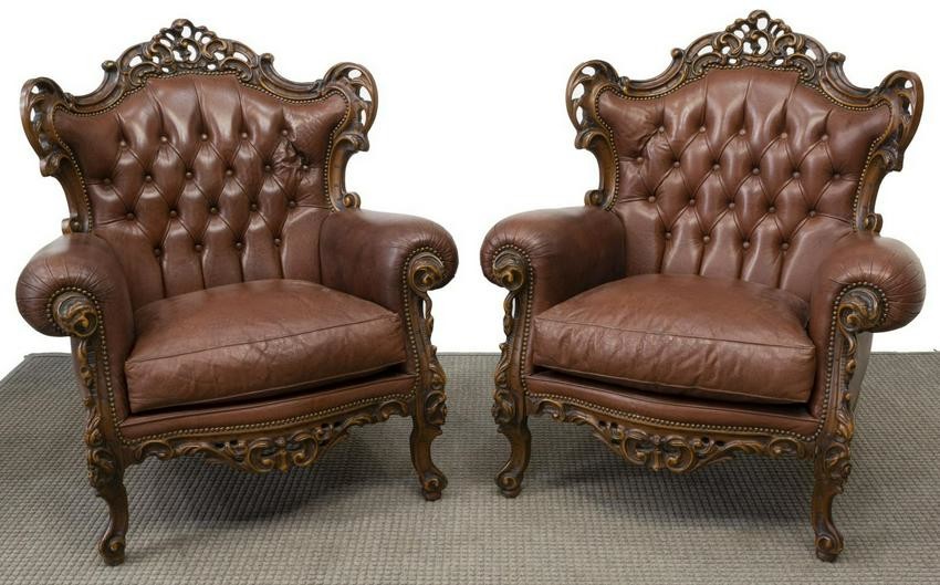 (2) LOUIS XV STYLE CARVED LEATHER ARMCHAIRS