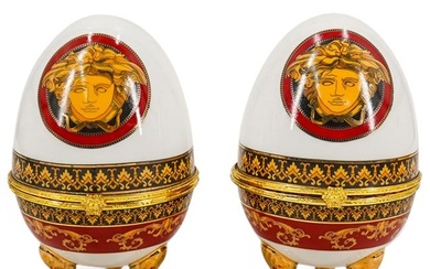 (2 Pc) Versace Designs Porcelain Egg Shaped Hinged Trinket Boxes