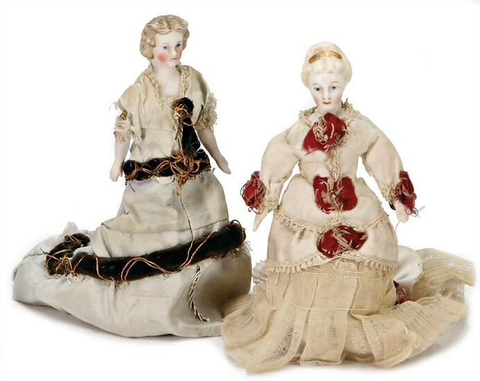 2 pieces, dollhouse dolls, Biedermeier, bisque shoulder