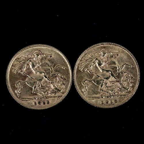 2 x George V gold half sovereign coins, 1911 and 1913, 7.9g ...