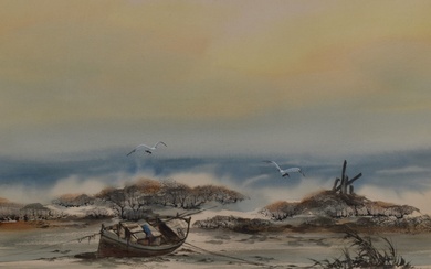20th Century School, watercolour and gouache, A moored rowing boat with gulls flying above, signed