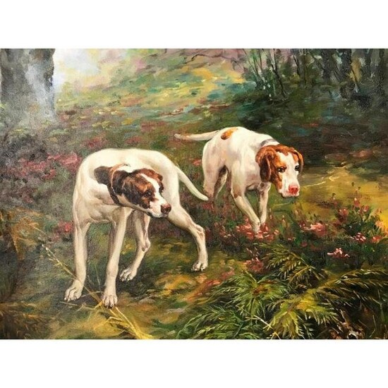 20thc Pair of Hunting Dogs Oil Painting