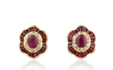 A Pair of 14K Gold Ruby and Diamond Earrings