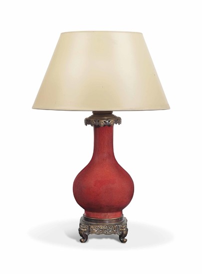 A CHINESE BRONZE-MOUNTED SANG-DE-BOEUF PORCELAIN BOTTLE VASE LAMP, 19TH CENTURY
