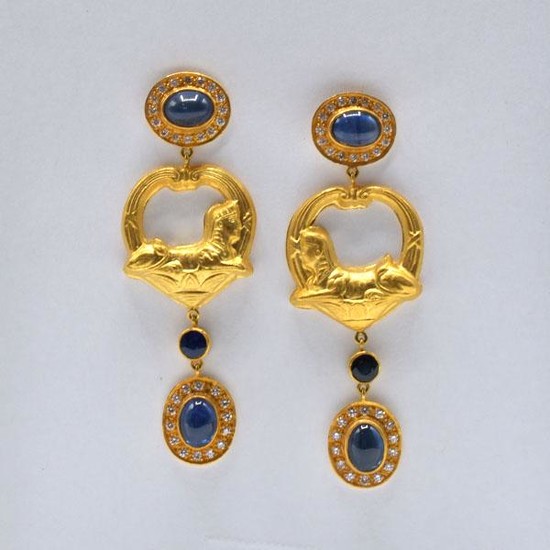 22K Yellow Gold Diamond & Sapphire Sphinx Earrings