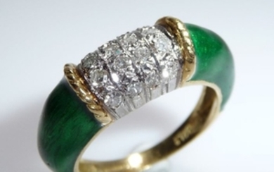 Englische Goldschmiede-Handarbeit - 18 kt. Yellow gold - Ring, enamelled ring shoulders - 16 diamonds