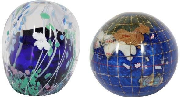 (2)Floral Glass & Lapis Lazuli Globe Paperweights