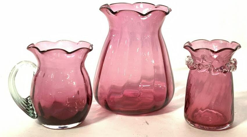 3 PCs Cranberry Glass Vessels